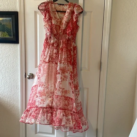 Zara Floral Red Patchwork Sheer Midi Sleeveless Dress M - Picture 3 of 16